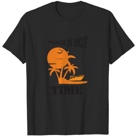 Beach sunset palm trees boat orange sand T-shirt