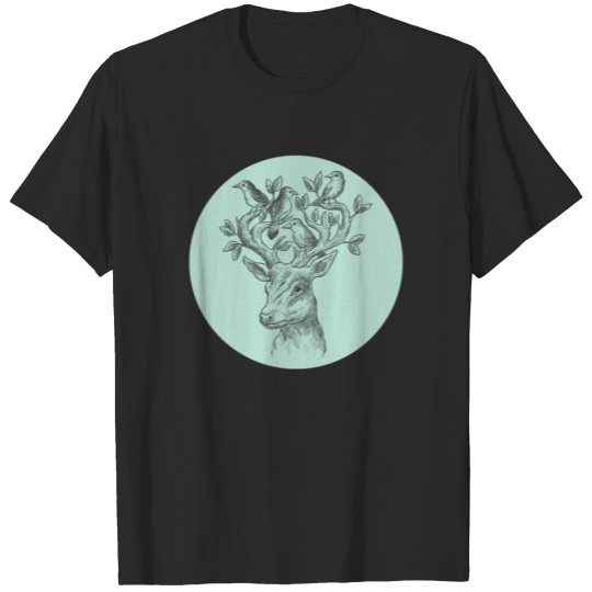 Awesome Deer with Antlers and Birds Illustration T-shirt