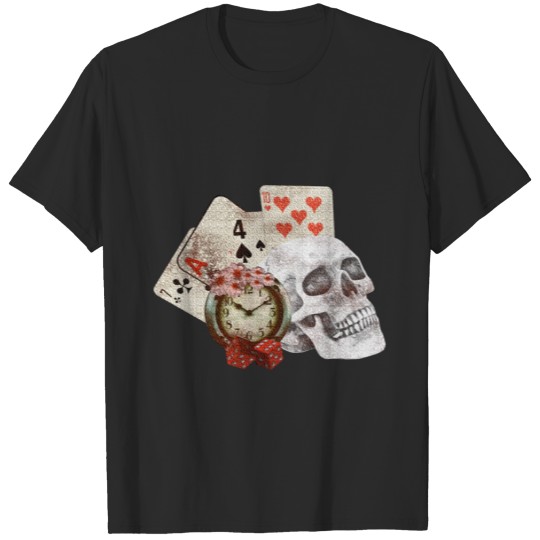 Skull with playing cards, clock, skull, card games T-shirt