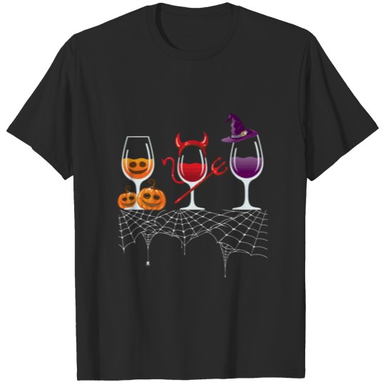 Halloween Red Wine Glasses Pumpkin Devil Witch Cut T-shirt