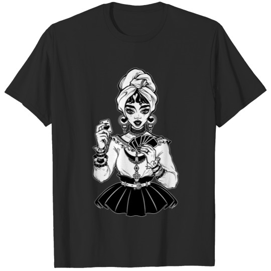 Charming fortune teller woman holding a magic T-shirt