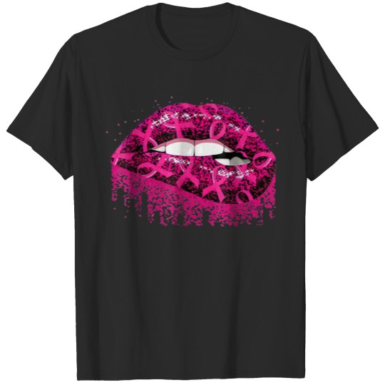 Women Lips Pink Ribbon Breast Cancer Awareness Mon T-shirt