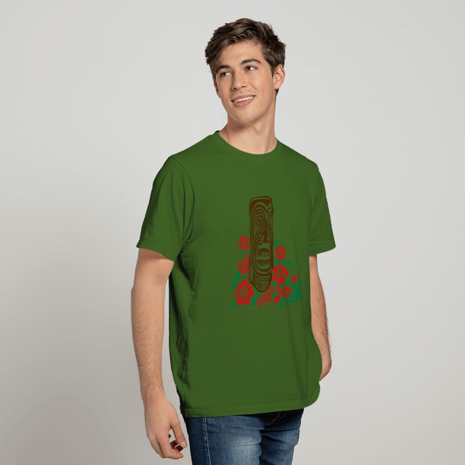 Tiki Totem with Hibiscus Flowers T-shirt